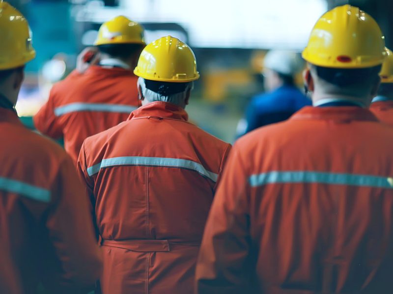 workers  helmets at the factory, view from the back, group of workers,  change of workers in the factory, people go in helmets and uniforms for an industrial enterprise