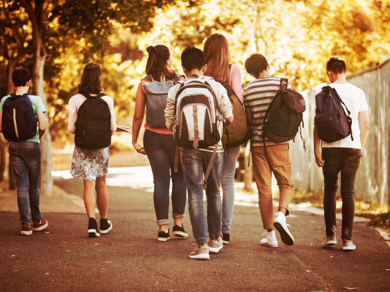 Rear view of school kids walking on road in campus