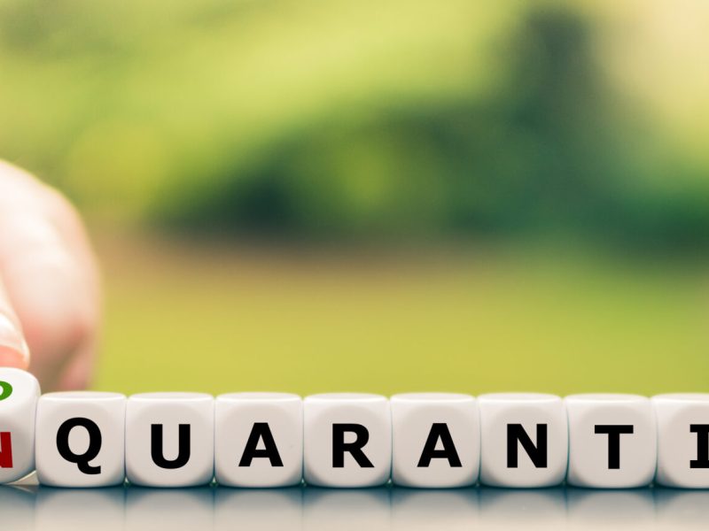 Hand turns dice and changes the expression "in quarantine" to "end quarantine".