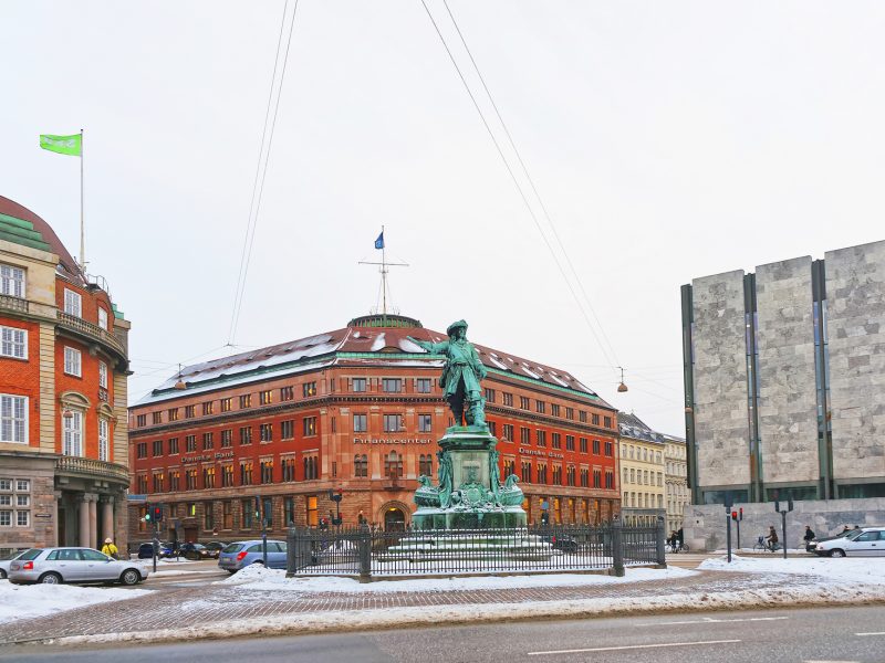 Danske bank Old Building and Niels Juel monument in Copenhagen