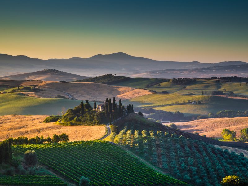 Scenic Tuscany landscape at sunrise, Val d'Orcia, Italy