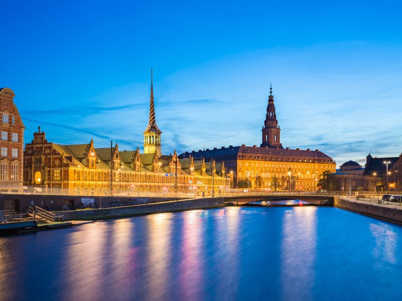 Christiansborg Palace at night in Copenhagen city, Denmark