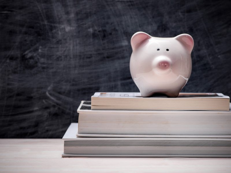 Education financial saving. Pink Piggy bank on top of books with chalkboard.