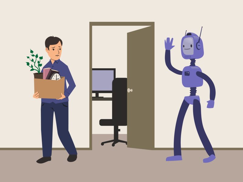 Office worker fired from his job. Replacement of jobs by robots with artificial intelligence. Man with a cardboard box leaves workplace. Unemployment. Concept vector illustration.