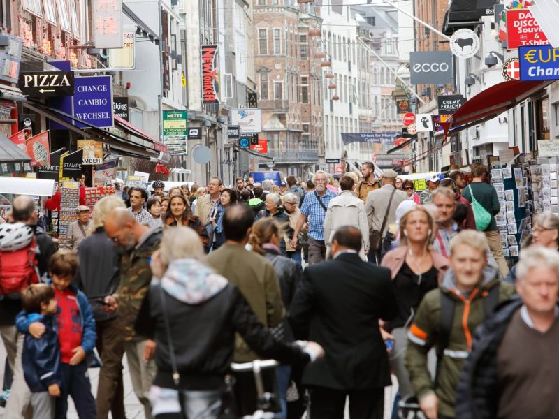 Copenhagen, Denmark - September 4, 2019. People walking the Strøget pedestrian street in downtown Copenhagen.