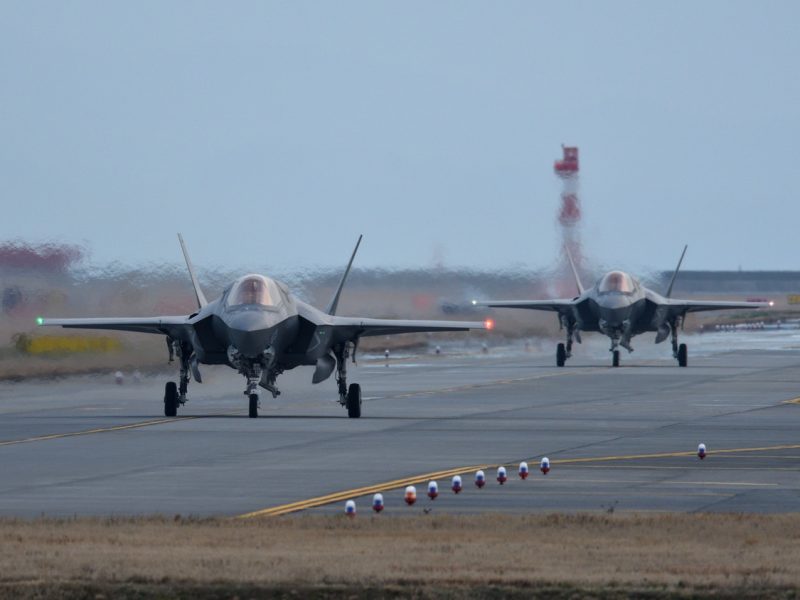 Yamaguchi, Japan - March 23, 2017:United States Marine Corps (USMC) Lockheed Martin F-35B Lightning II STOVL (short take-off and vertical-landing) stealth multirole fighter belonging to the VMFA-121 "Green Knights" taxiing at the MCAS Iwakuni.