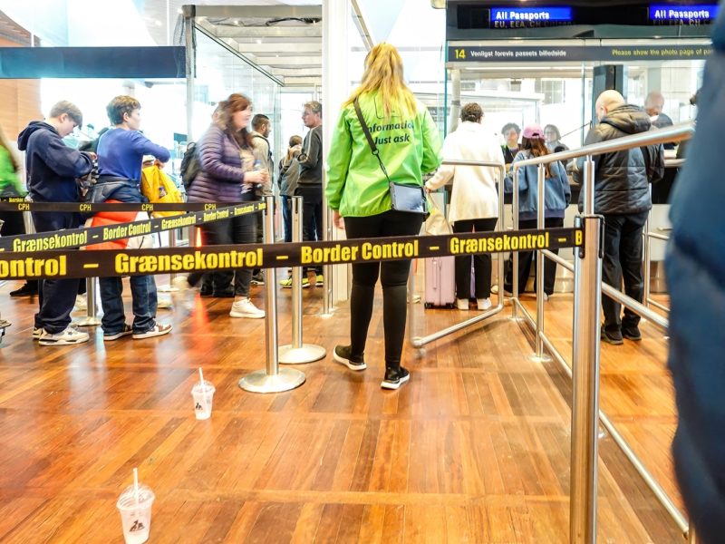 Copenhagen, Denmark March 19, 2023 A border control line at immigration at Kastrup airport.